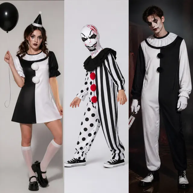 Un disfraz cosplay de payaso de terror para Halloween con parte superior estampada de manga larga estilo prenda exterior y pantalón largo.