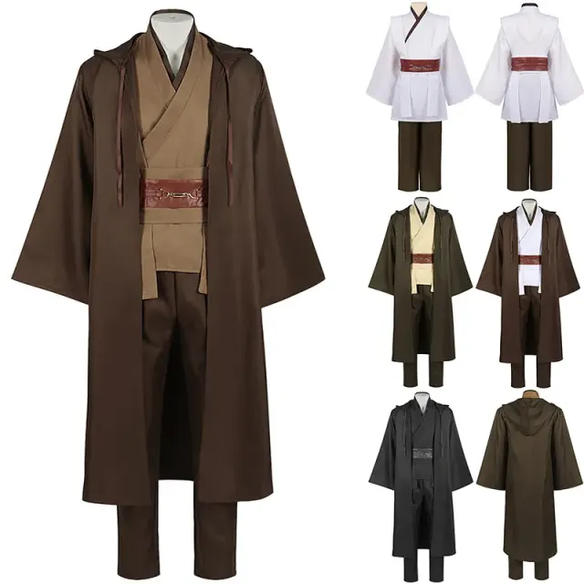 Capa cosplay con capucha estilo Jedi en blanco para niños y adultos, diseñada para actuaciones escénicas y teatrales.