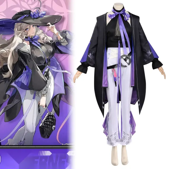展示的九原动漫游戏角色 Cosplay 服装采用条纹面料和七分袖设计。