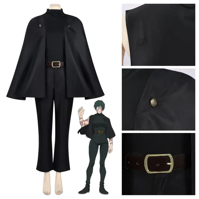 Costume cosplay de style cape Maki Zenin présenté dans l'option en stock pour le jeu de rôle inspiré de l'anime et du jeu Jujutsu Kaisen.