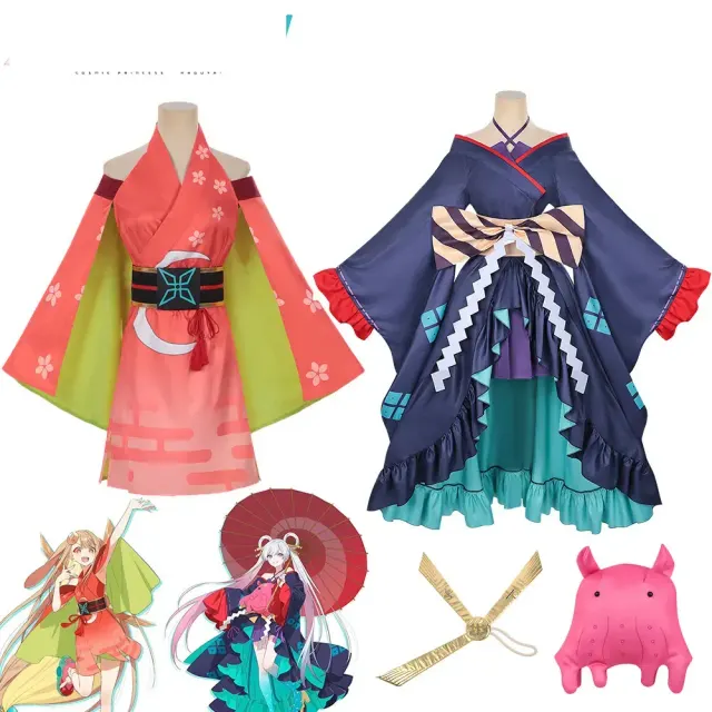 Kaguya Tsukimi Cosplay-Kostüm mit schulterfreiem Ausschnitt, weiten Ärmeln und japanischem Kirschblütenmuster.
