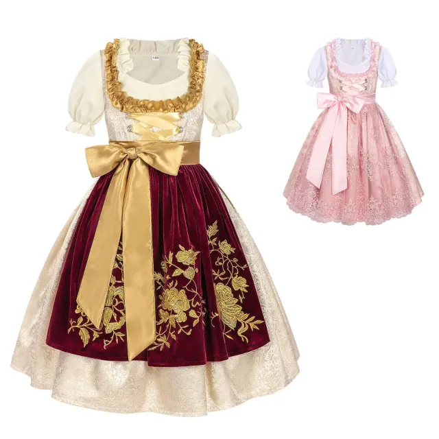 Une robe costume enfant de style dirndl bavarois pour Oktoberfest avec un motif colorblock.