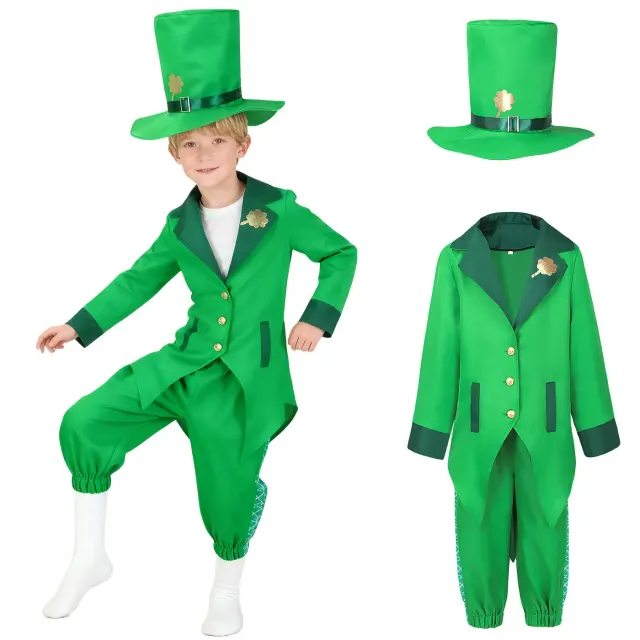Niño con un conjunto de disfraz de duende irlandés verde con decoraciones de trébol, una parte superior tipo chaqueta sin mangas y pantalón largo para una fiesta festiva.