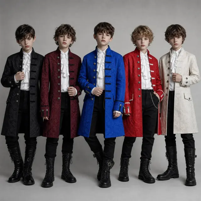 Conjunto de disfraz cosplay medieval de jacquard para niños en negro y blanco con cuello alto, camisa blanca y pantalón largo.