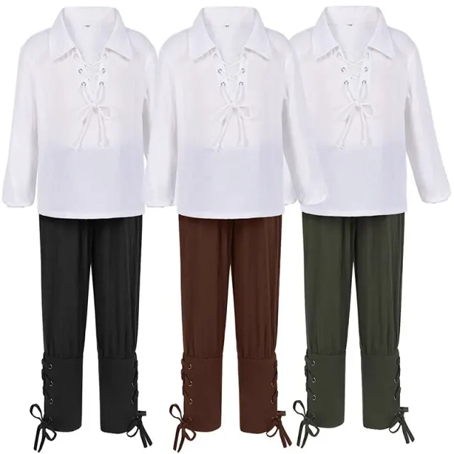 The kids medieval pirate costume set is shown with a jacquard shirt and cropped pants in green.