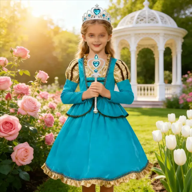 Una niña con un vestido cosplay de princesa medieval estilizado para Halloween o una fiesta de cumpleaños.