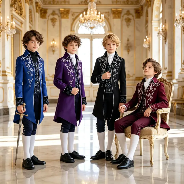 Un enfant porte une queue-de-pie de style Renaissance noire avec bordure argentée, présentée comme costume cosplay pour Halloween et la scène.