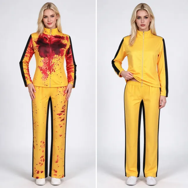 Survêtement jaune à col montant et zip avec pantalon légèrement évasé, stylisé en costume cosplay inspiré de la mariée de Kill Bill.