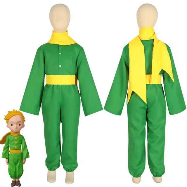 Cosplay-Kostüm-Set „Der kleine Prinz“ mit Oberteil, Hose, Schal und Taillenschärpe, erhältlich in Erwachsenen- und Kindergrößen.