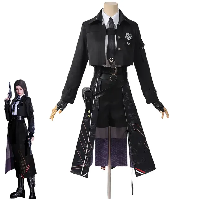 模特身着《恋与深空》破夜飒影战斗服 Cosplay 服装,呈现时尚前卫的动漫游戏造型。