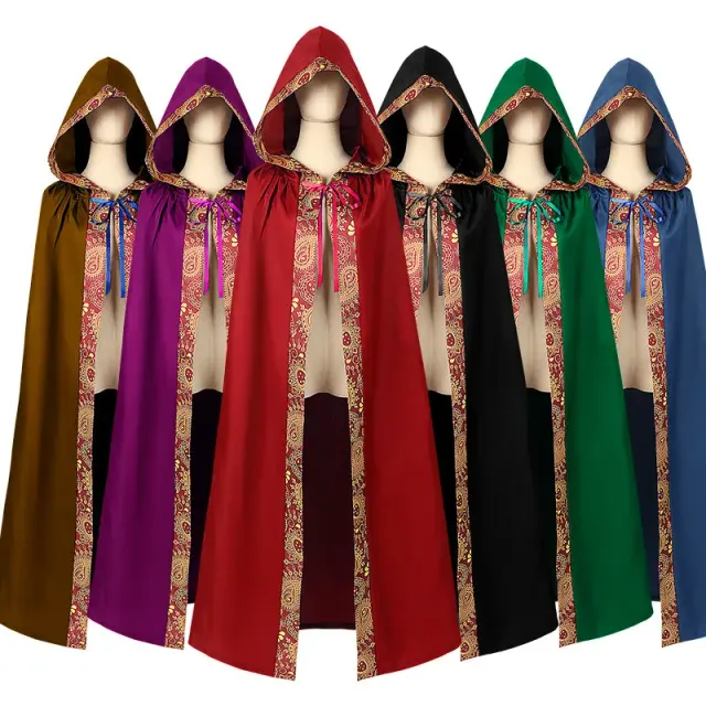Longue cape bleue de style clergé médiéval avec une silhouette de cape-robe, conçue pour Halloween et le cosplay.