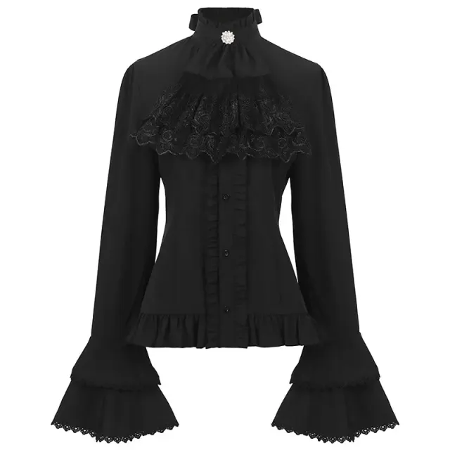 detalle de Camisa cosplay de Halloween medieval francesa con cuello alto, encaje y volantes 1