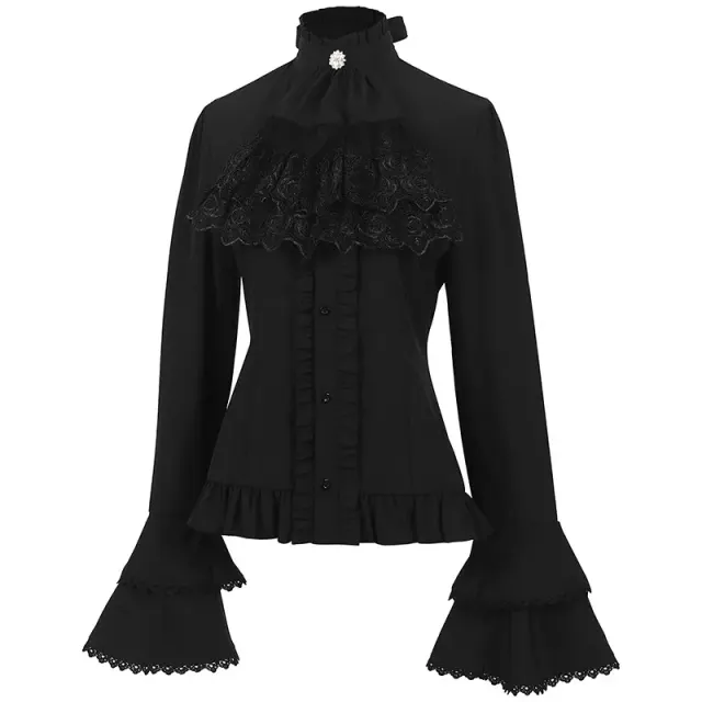 detalle de Camisa cosplay de Halloween medieval francesa con cuello alto, encaje y volantes 2