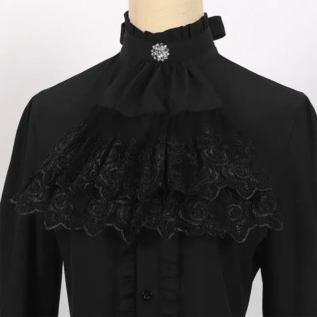 detalle de Camisa cosplay de Halloween medieval francesa con cuello alto, encaje y volantes 4