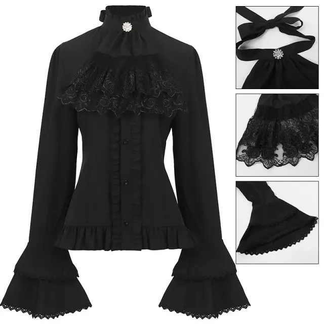 Camisa cosplay de corte francés medieval con cuello alto, ribete de encaje, frente con volantes y mangas acampanadas.