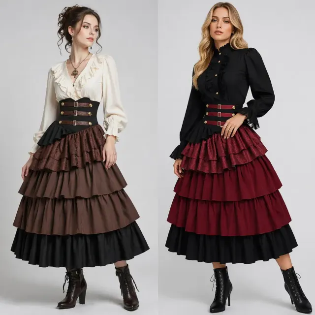 Brown vintage-style high-waisted tiered skirt with a medieval Gothic pirate look for Halloween or stage costumes.