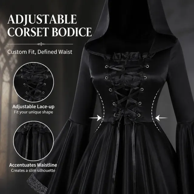 Costume cosplay de robe de sorcière à capuche gothique médiévale détail 2