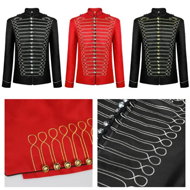 A unisex medieval Gothic steampunk drummer costume in a gold-red colorway, made from jacquard polyester for stage performances.