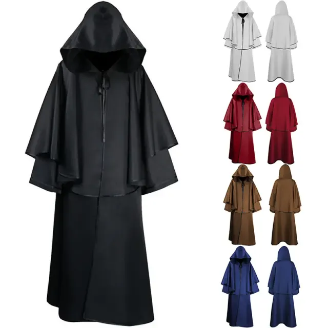 Une longue robe cape à capuche unisexe de style gothique médiéval pour Halloween, le cosplay et les spectacles de scène.