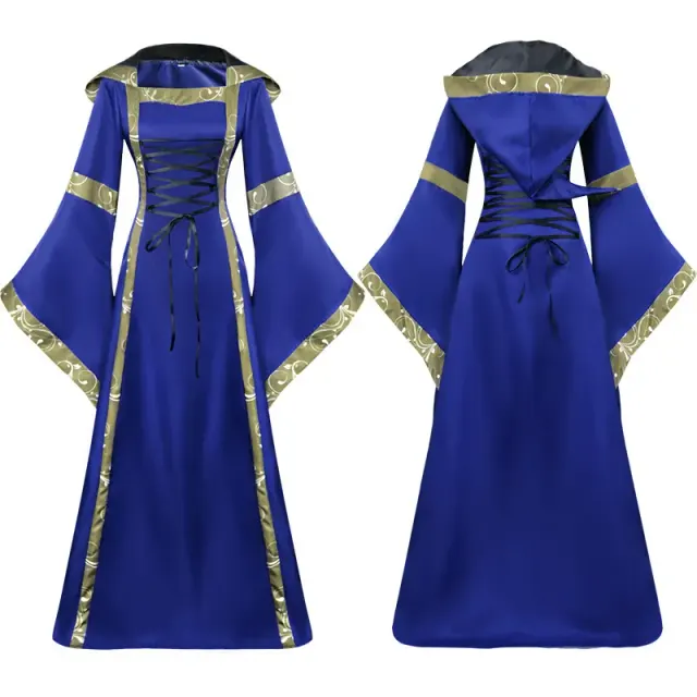 Mittelalterliches Kapuzen-Cosplay-Kleid mit Schnürung und Glockenärmeln Detail 2