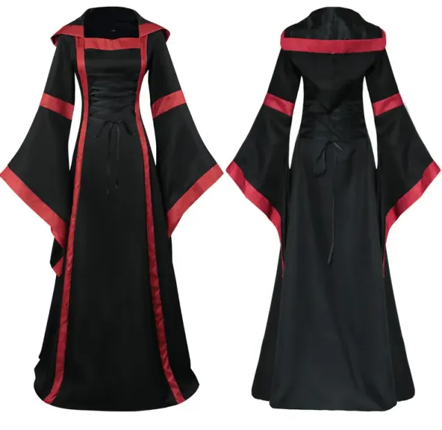 Mittelalterliches Kapuzen-Cosplay-Kleid mit Schnürung und Glockenärmeln Detail 3