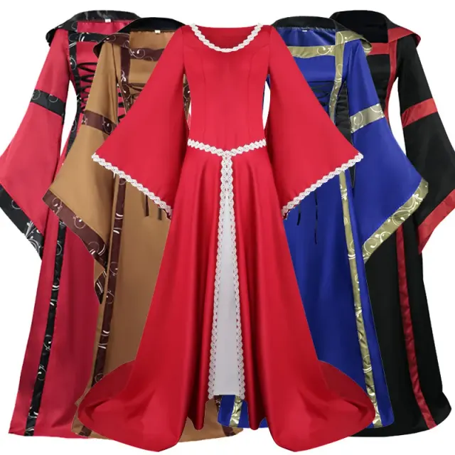 Braunes mittelalterliches Kapuzenkleid mit eckigem Ausschnitt, Frontschnürung und Glockenärmeln für Theaterkostüme.
