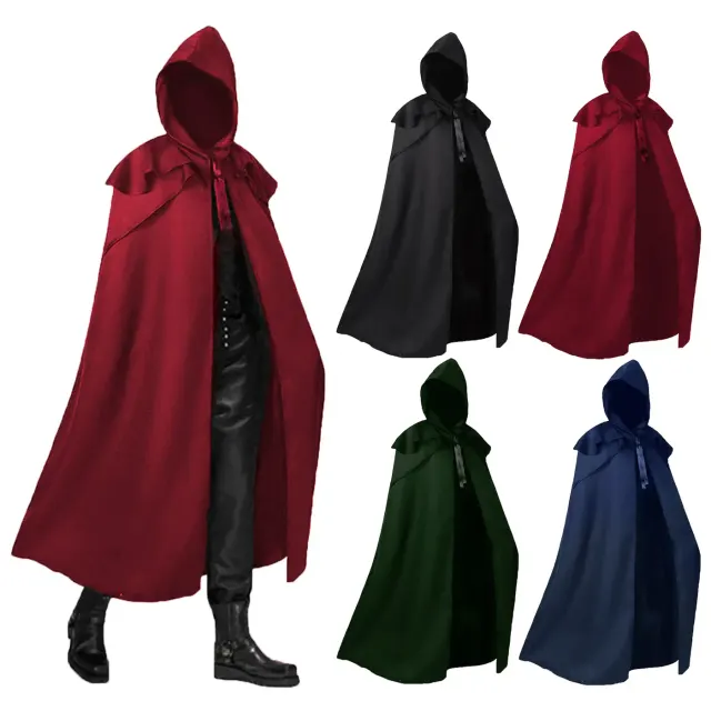 Cape de moine longue à capuche avec laçage devant, présentée dans un style cosplay médiéval gothique.