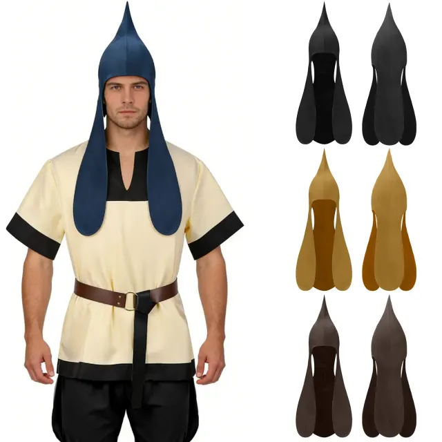 Chapeau turban à capuche pour homme de style médiéval bleu, avec rabats d'oreilles, conçu comme couvre-chef de cosplay et de costume.