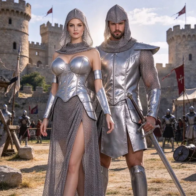Ein mittelalterliches Ritter-Kettenhemd-Cosplay-Set, dargestellt als Halloween-Krieger-Bühnenkostüm.