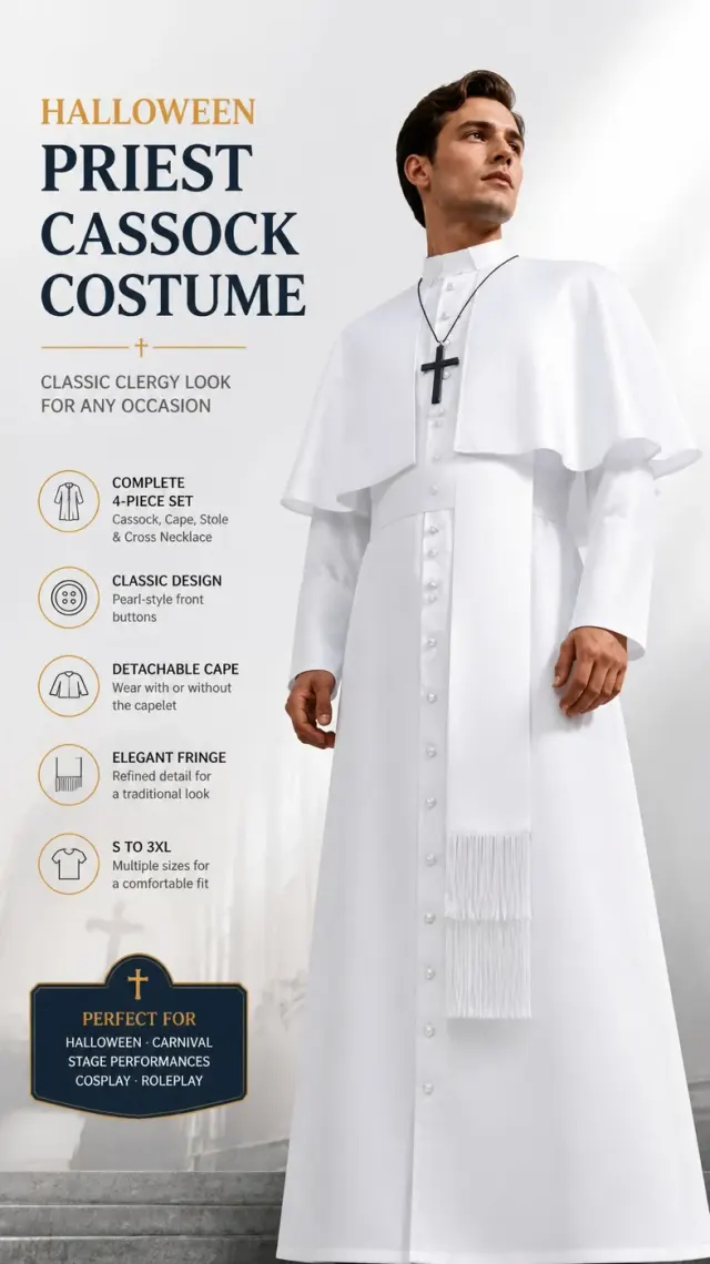 Mittelalterliches Priester-Cosplay-Kostüm mit Umhang und Accessoires Detail 1