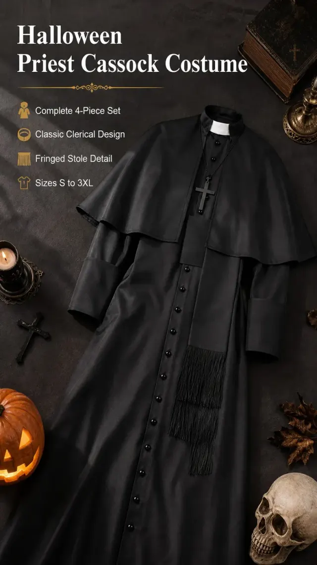 Mittelalterliches Priester-Cosplay-Kostüm mit Umhang und Accessoires Detail 11