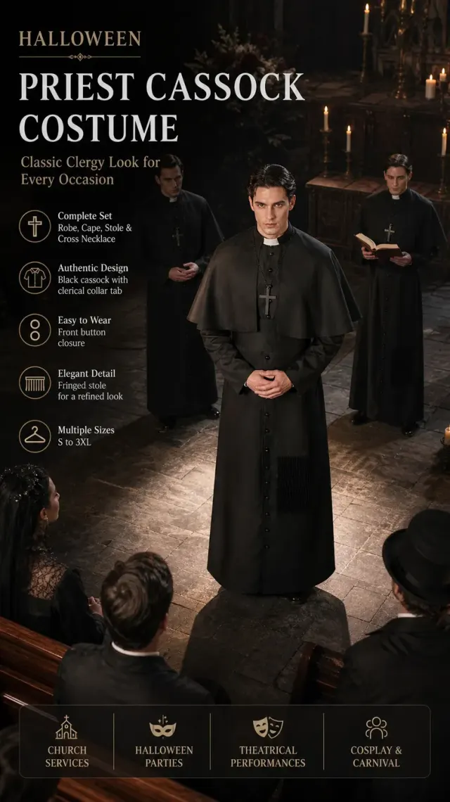 Mittelalterliches Priester-Cosplay-Kostüm mit Umhang und Accessoires Detail 12