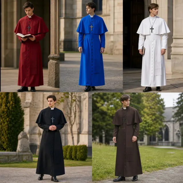 Gezeigt wird ein mittelalterliches Priester-Cosplay-Kostüm mit Umhang und enthaltenen Accessoires.