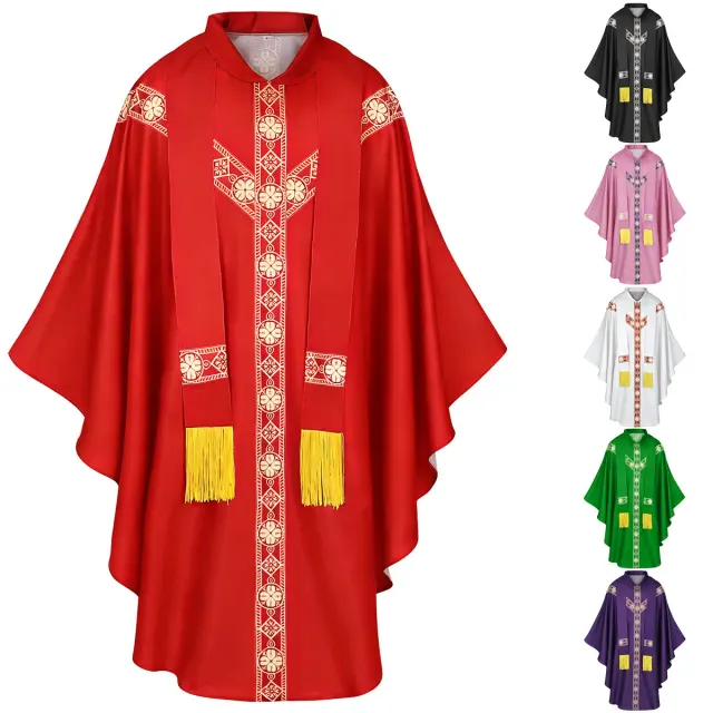 Long-sleeve medieval priest cosplay robe with a printed cape, available in six stocked colors.