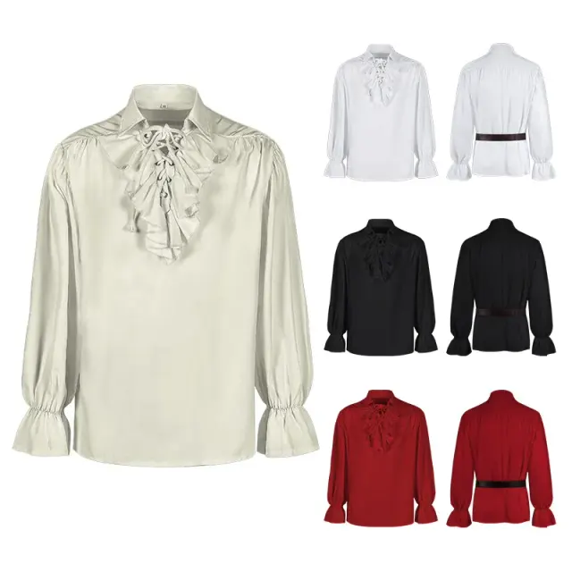 A unisex medieval-style long-sleeve shirt with a drawstring lapel collar and voluminous puff sleeves in solid white.