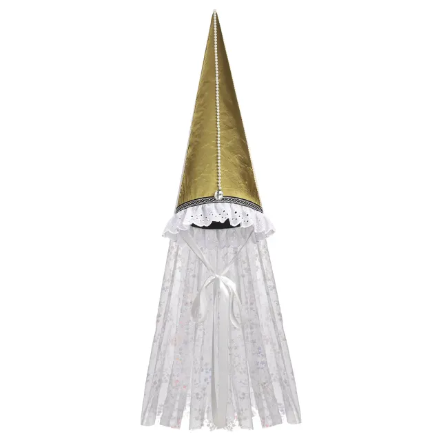 detalle de Sombrero medieval renacentista de mujer con velo cónico para cosplay de Halloween 1