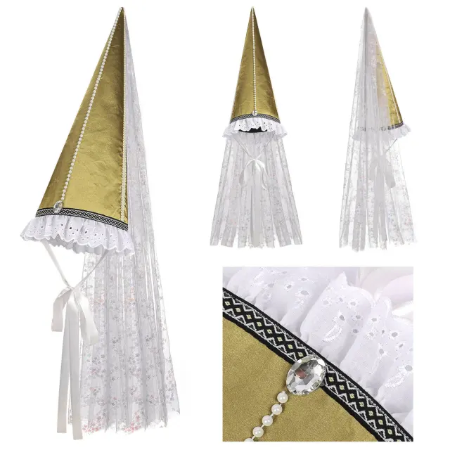 Sombrero cónico con velo de estilo renacentista medieval para mujer, presentado como tocado de cosplay para Halloween.