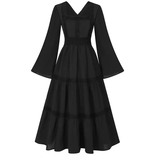 detalle de Conjunto de vestido medieval renacentista para mujer con ribete de encaje y mangas acampanadas 11