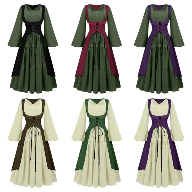 Conjunto de vestido medieval renacentista para mujer con mangas acampanadas y ribete de encaje, diseñado para cosplay y teatro.