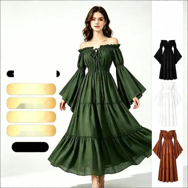 Langes mittelalterliches Renaissance-Kleid mit schulterfreiem Ausschnitt, ausgestellten Ärmeln, tailliertem Schnitt und vollem Rock, in Schwarz abgebildet.