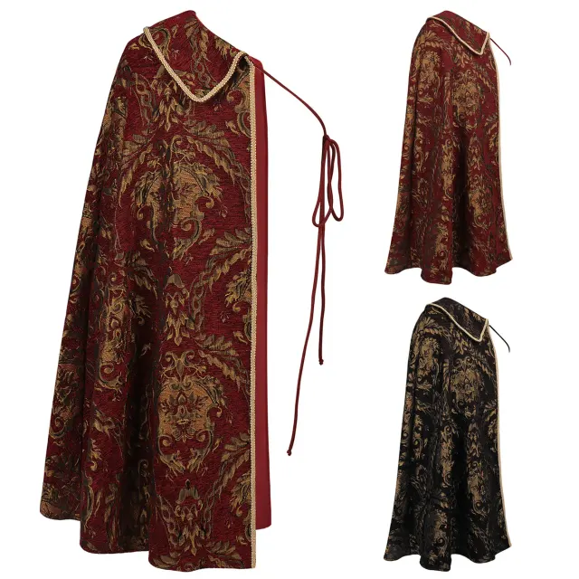 Une cape demi-épaule de style courtois, en rouge ou noir, avec un design imprimé à ouverture frontale, conçue pour le cosplay Renaissance et Tudor.