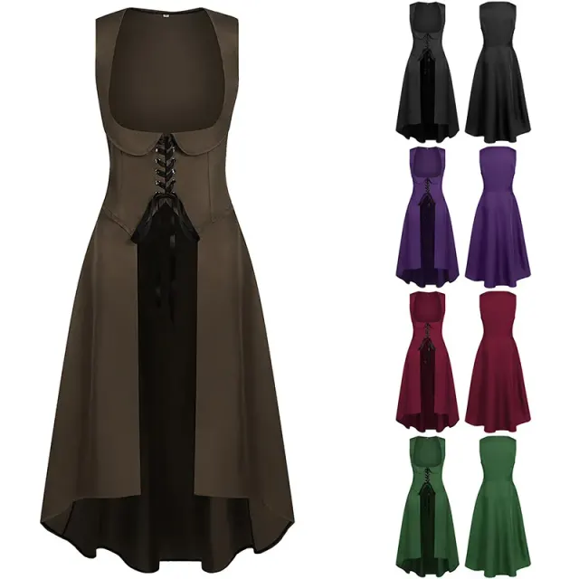 Ein ärmelloses Damenkleid im Vintage-Mittelalter-Steampunk-Stil mit Schnürung in Braun für Halloween, Cosplay und Bühne.