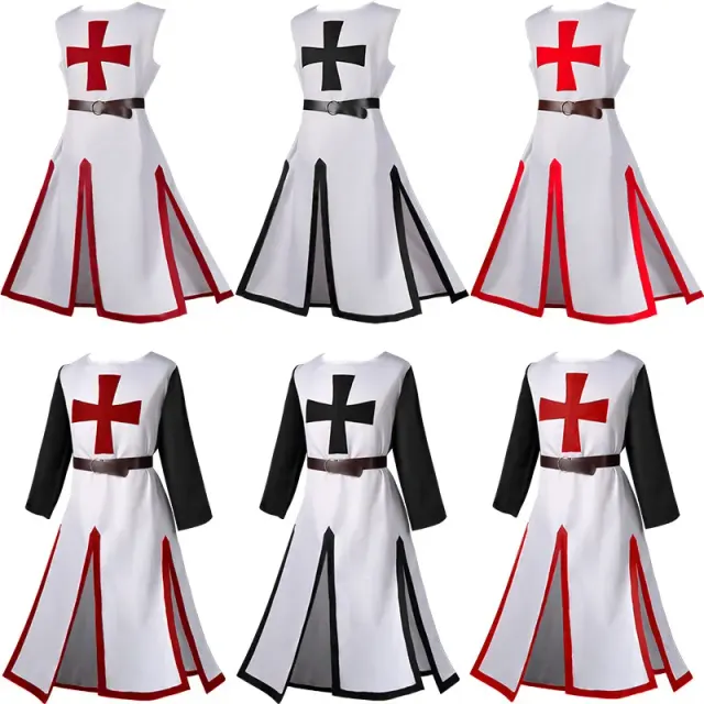 Une robe cosplay médiévale de chevalier templier de style long, conçue pour la scène, les fêtes et les costumes fantasy.