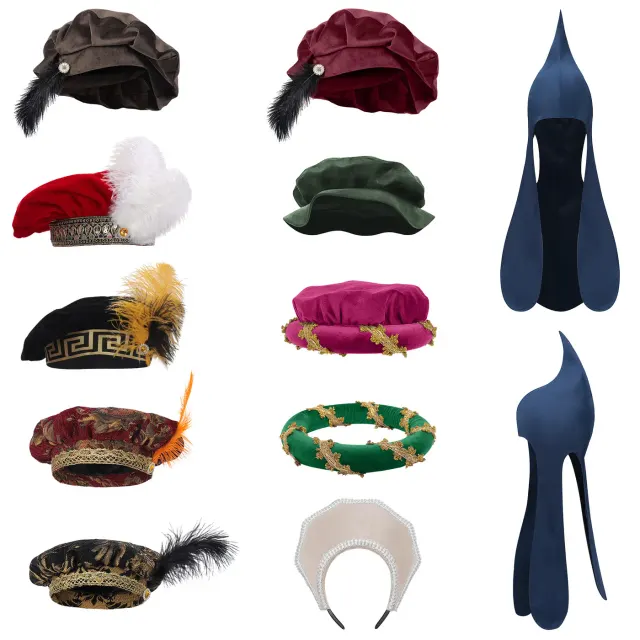 Un béret à plume médiéval de style Tudor, unisexe, à la silhouette noble à sommet plat, pour le cosplay Renaissance et les costumes de scène.