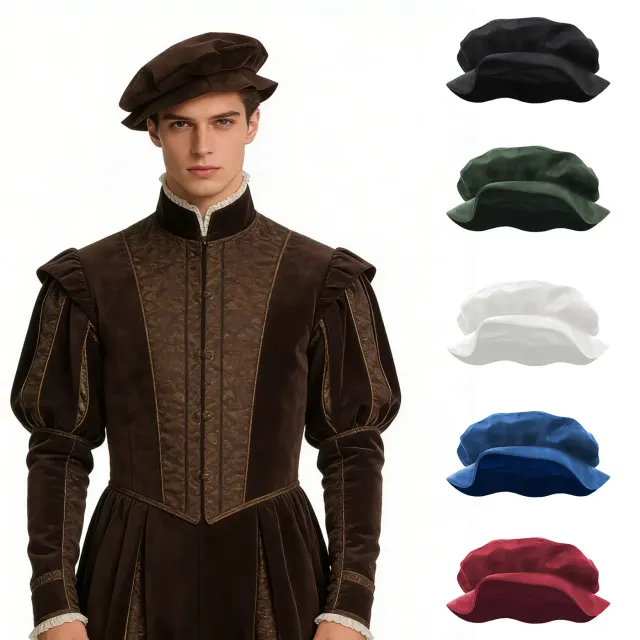 Un chapeau médiéval Tudor à sommet plat noir avec une finition simili-daim, présenté comme accessoire de costume pour festival Renaissance.
