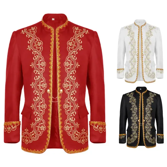 Chaqueta formal medieval unisex de manga larga en color negro, diseñada para actuaciones escénicas y cosplay.