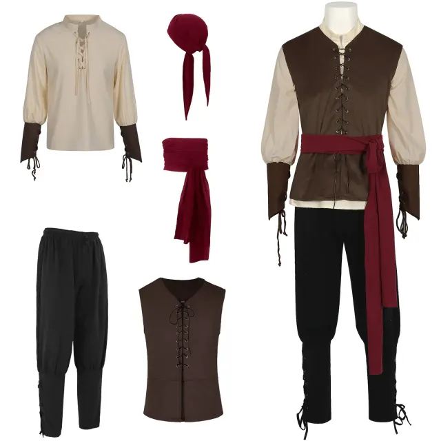 Mittelalterliches Wikinger-Piraten-Cosplay-Kostüm, abgebildet mit Optionen für Hemd, Weste, Hose und Accessoires.