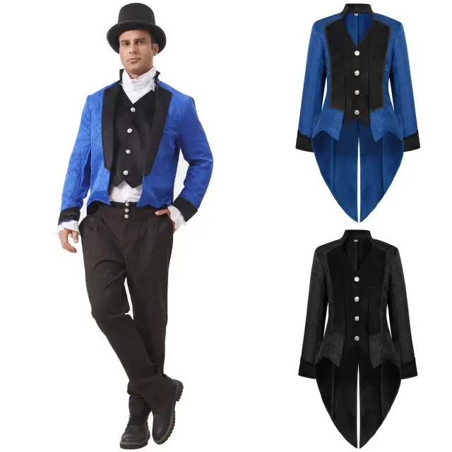 Men's blue steampunk Victorian vest and tailcoat stage costume with Gothic frock-coat styling.