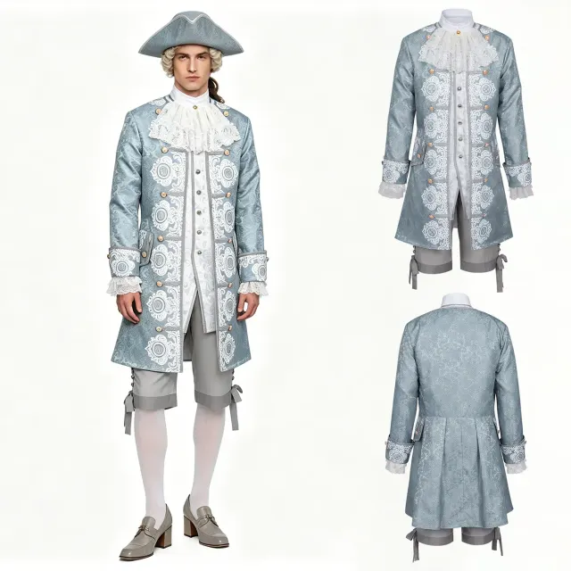 Ensemble costume cosplay baroque rococo de style XVIIIe siècle pour homme, avec veste à manches longues et pantalon long.