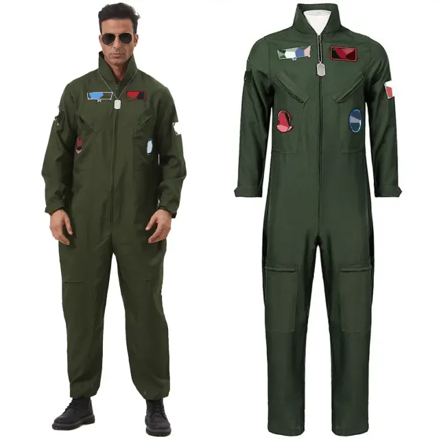 Ensemble de costume cosplay pilote aviateur pour homme, avec veste à manches longues et pantalon long en tissu polyester imprimé.